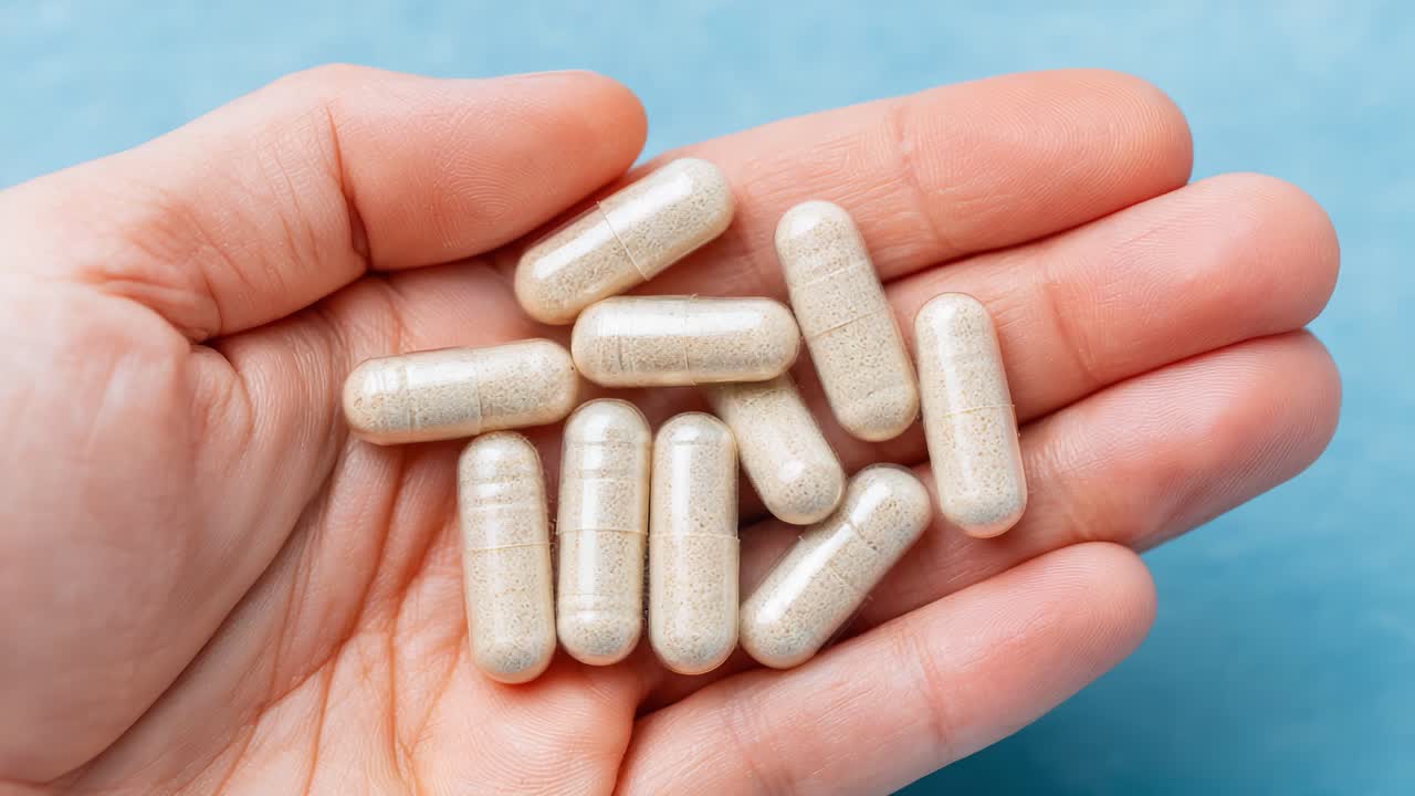 Close-Up of a Hand Holding Several Natural Supplements, Showcasing the Health-Conscious Choice of Dietary Capsules for Wellness and Nutrition