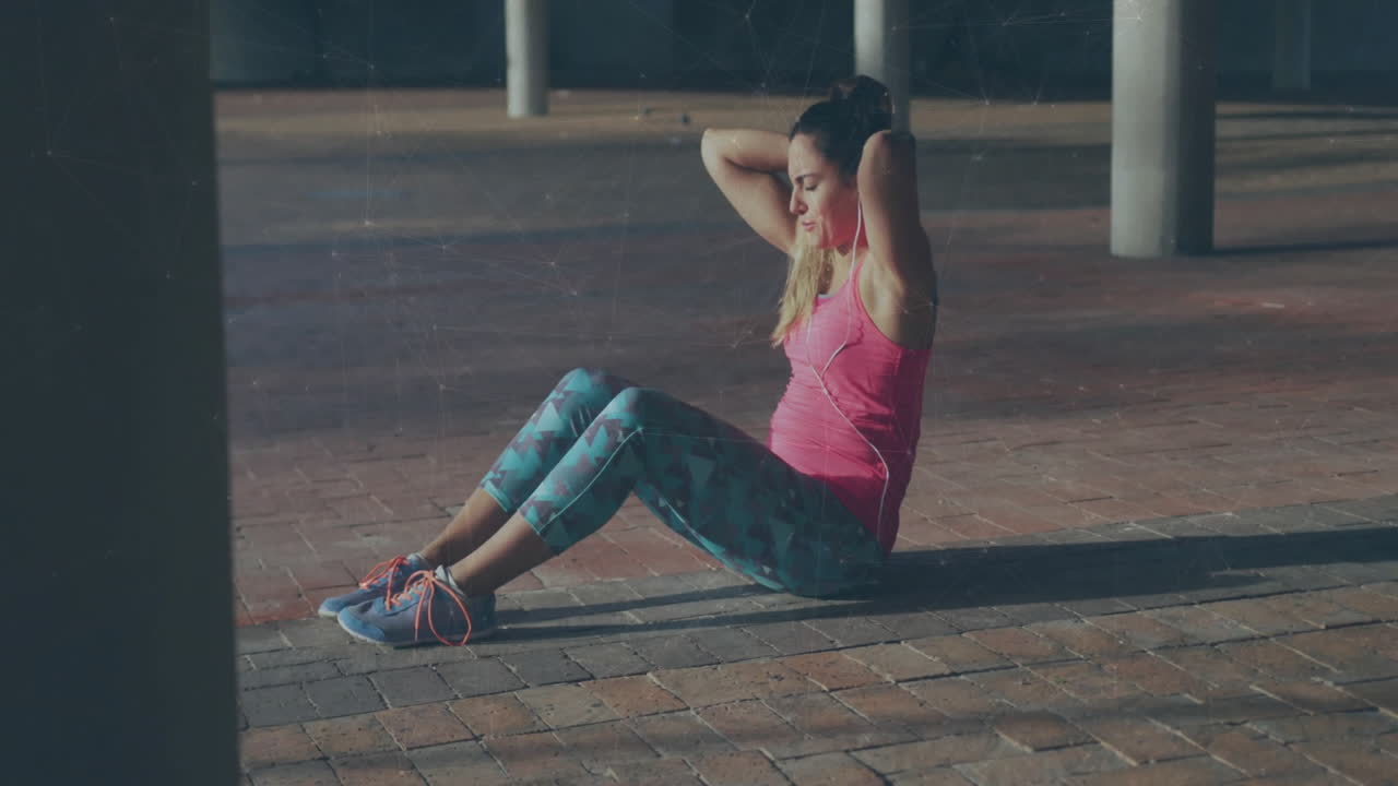 Exercising outdoors, woman doing sit-ups on brick pavement in animation