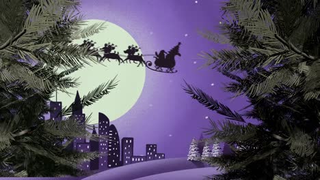 Animation-of-santa-claus-in-sleigh-with-reindeer-over-winter-landscape-and-moon