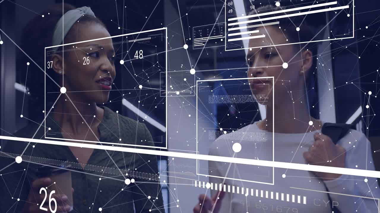 Colleagues walking through dimly lit server aisle upon start, reviewing floating AR numeric panels