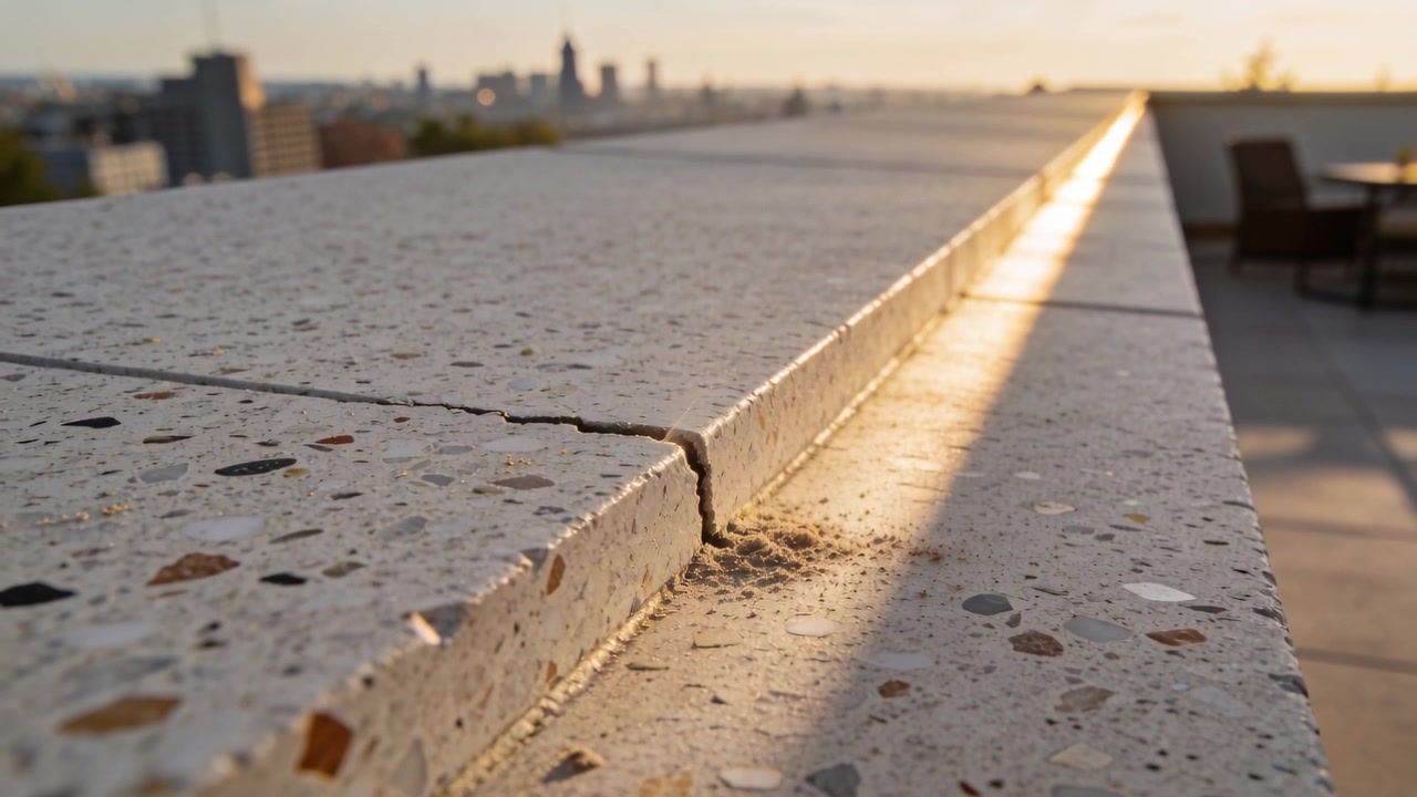 Telecamera in movimento che scorre lungo un cornicione di terrazzo su una terrazza sul tetto, rivelando una crepa e detriti verso lo skyline.