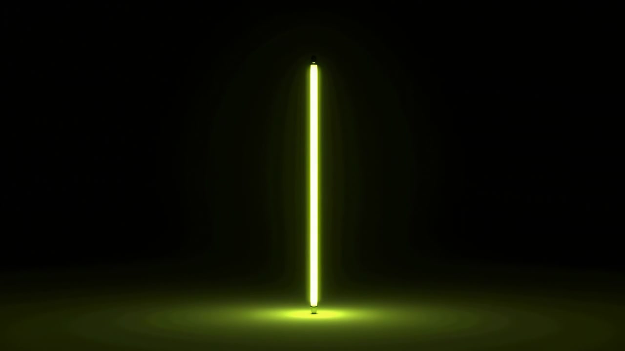 Eine beeindruckende Szene von Neonlichtern, die lebhaft vor einem dunklen Hintergrund leuchten, mit modernen und lebhaften gelben und schwarzen Glaselementen. Diese statische Ansicht schafft einen sauberen und hellen Raum.