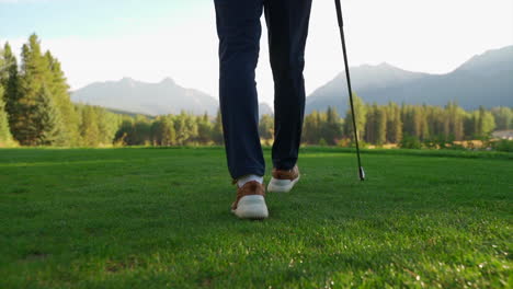 golfer walking in green golf course in the rocky mountains of banff and kananaskis of alberta, canada