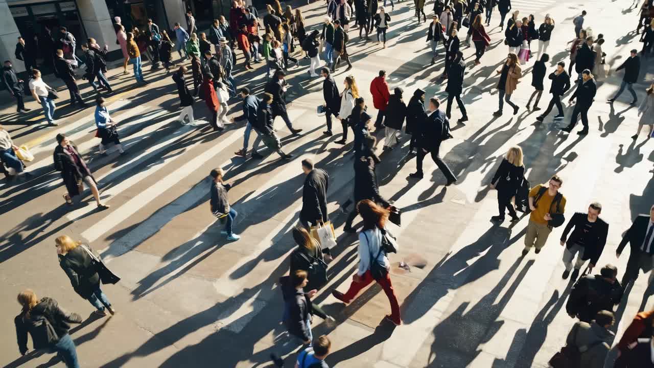 Video aereo di una trafficata strada cittadina con persone che camminano, proiettando lunghe ombre.