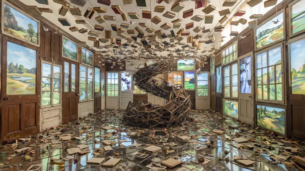 Surreal Art Installation with Floating Books and Branch Sculpture