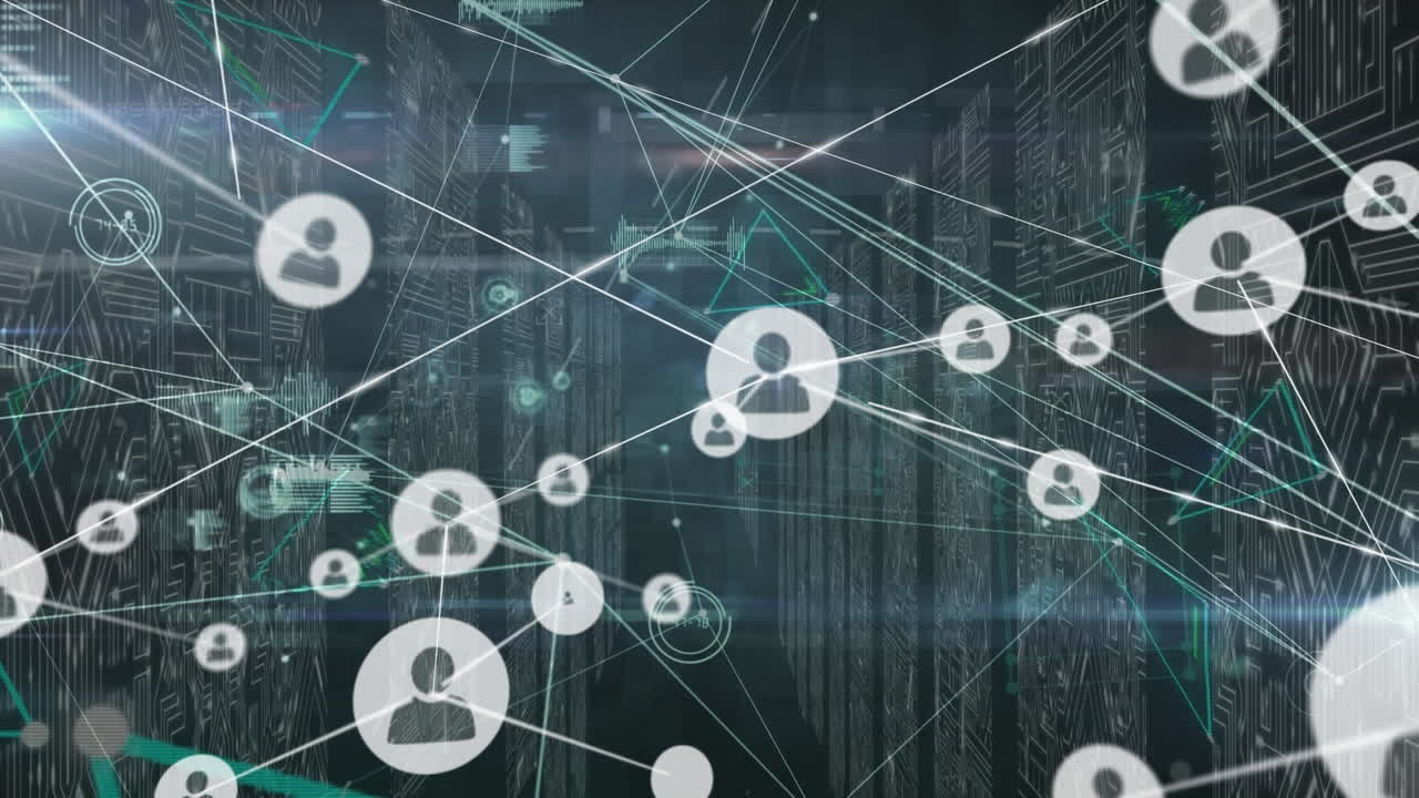 Animation of network of connections with icons and data processing over server room