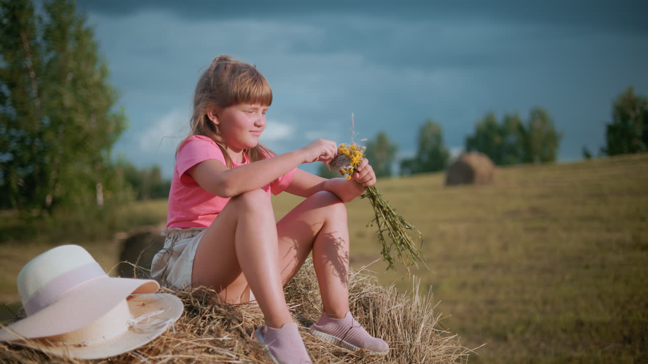 평화로운 시골을 즐기면서 꽃을 들고 에 앉아있는 어린 소녀. 색 태양 모자는 그녀의 에, 배경에 다른 아이의 부분적인 시각으로 니다.