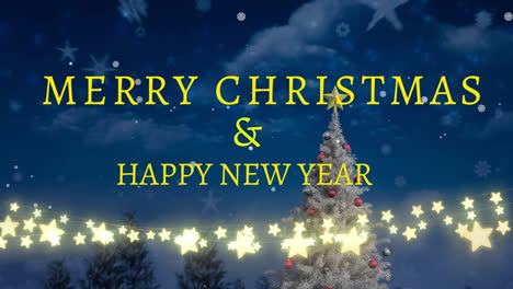 animation of merry christmas and happy new year text over christmas tree and snow falling