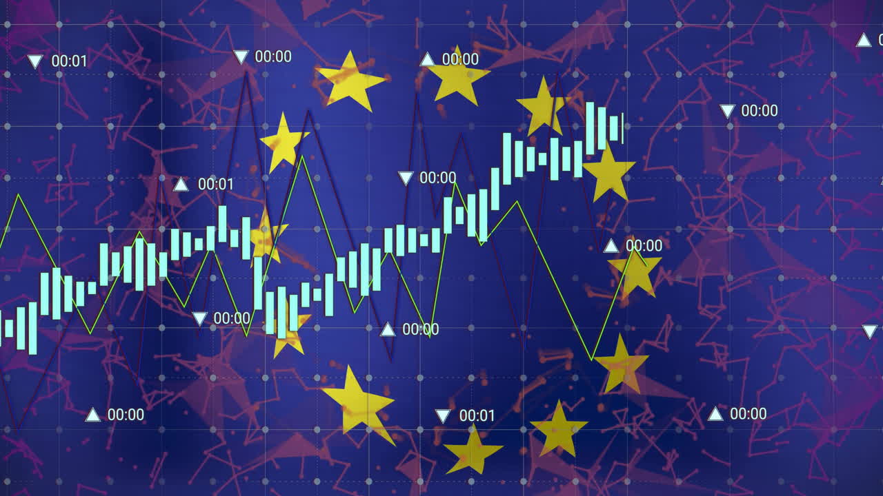 Cyan candlestick bars, green line graph moving in animated illustration, with golden stars and grid