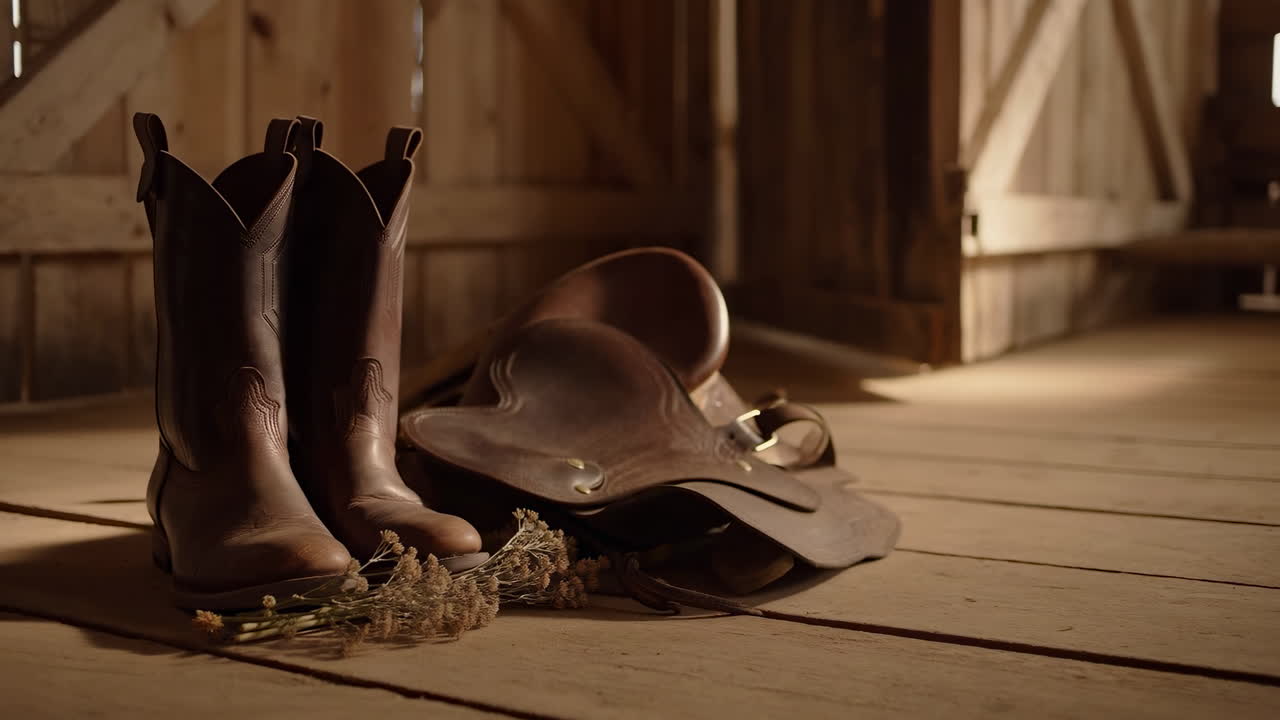 Stivali da cowboy e sella su pavimento di legno sotto la calda luce del sole, cuoio invecchiato, paglia sparsa, cappello antico.