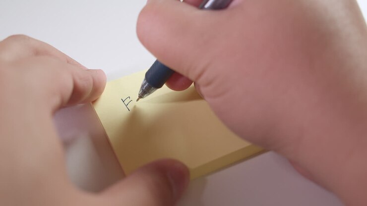 Writing the words for sale on a piece of sticky notes paper, using a black ballpen