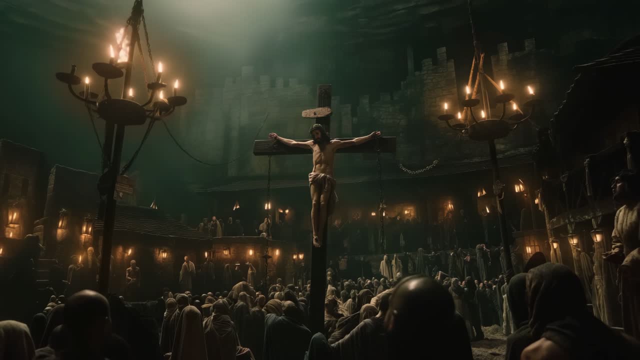 Jesus Christ is hanging on a wooden cross, surrounded by a large crowd of people at night, illuminated by the dim light of several chandeliers