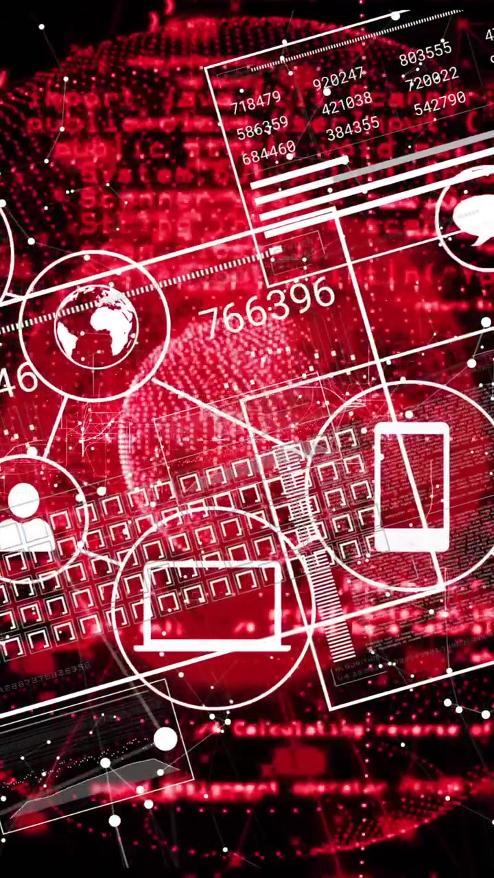 Digital network and data processing animation over red and black background