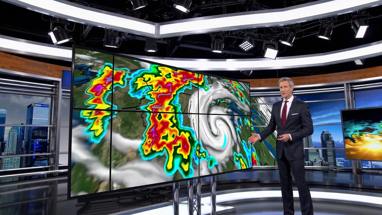 Weather Forecaster Presenting Storm System on Digital Screen