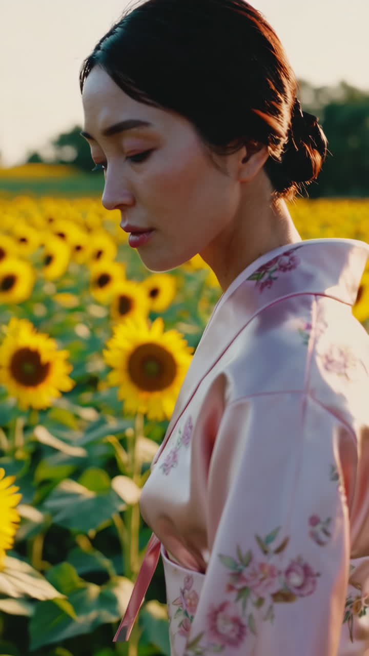 Woman in Hanbok in a Sunflower Field