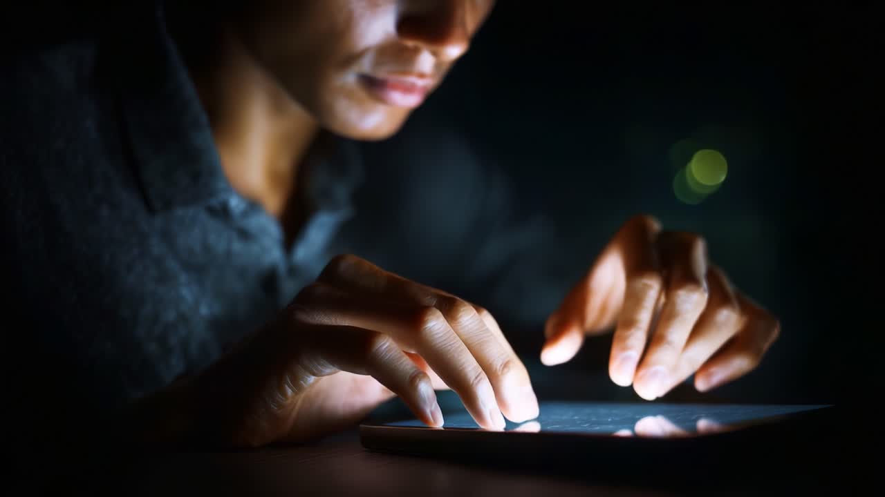 Focused Interaction: A Close-Up on Hands Typing on a Tablet in Low Light, Showcasing the Connection Between Technology and Human Engagement