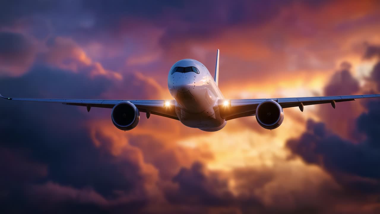 Silhouette di un aeroplano sullo sfondo di un cielo drammatico al tramonto, che cattura l'essenza del volo con nuvole illuminate da calde tonalità mentre sale verso il crepuscolo