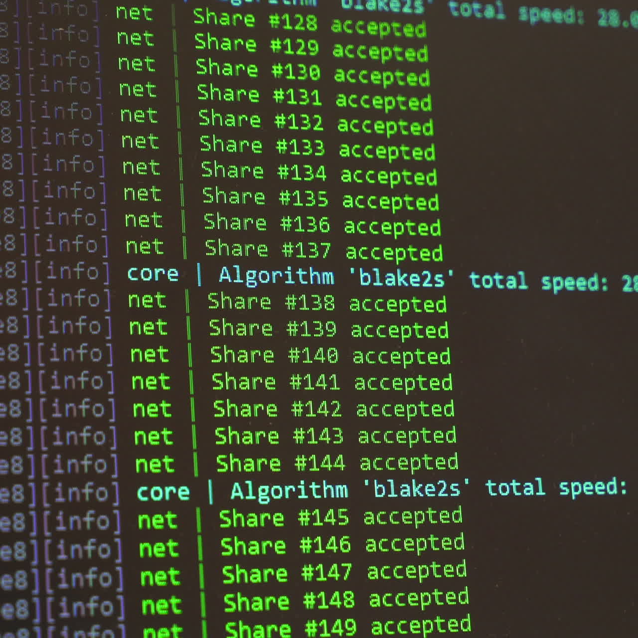 Concept of mining bitcoins. Crypto farm. Flow of information strings and data. Binary code