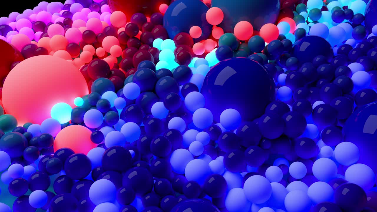 표면을 는 다채로운 공과 함께 어두운 구성, 그 중 일부는 빛납니다. 구의 흐르는 애니메이션과 함께 4k 추상적인 배경에서 3d