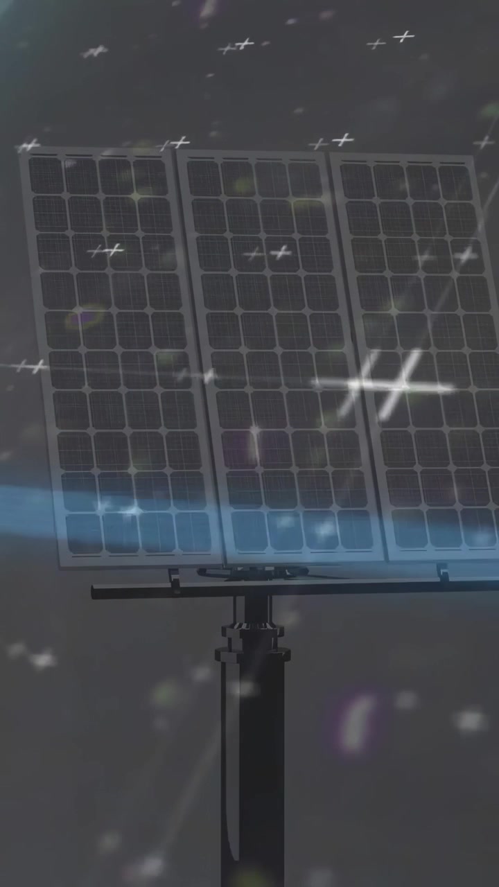 Video verticale: Un array fotovoltaico rimane immobile mentre bagliori generano una fascia blu che si sposta, mostrando tecnologia energetica.