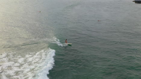 vista aérea de un surfista montando una tabla de surf en una ola en un clima cálido