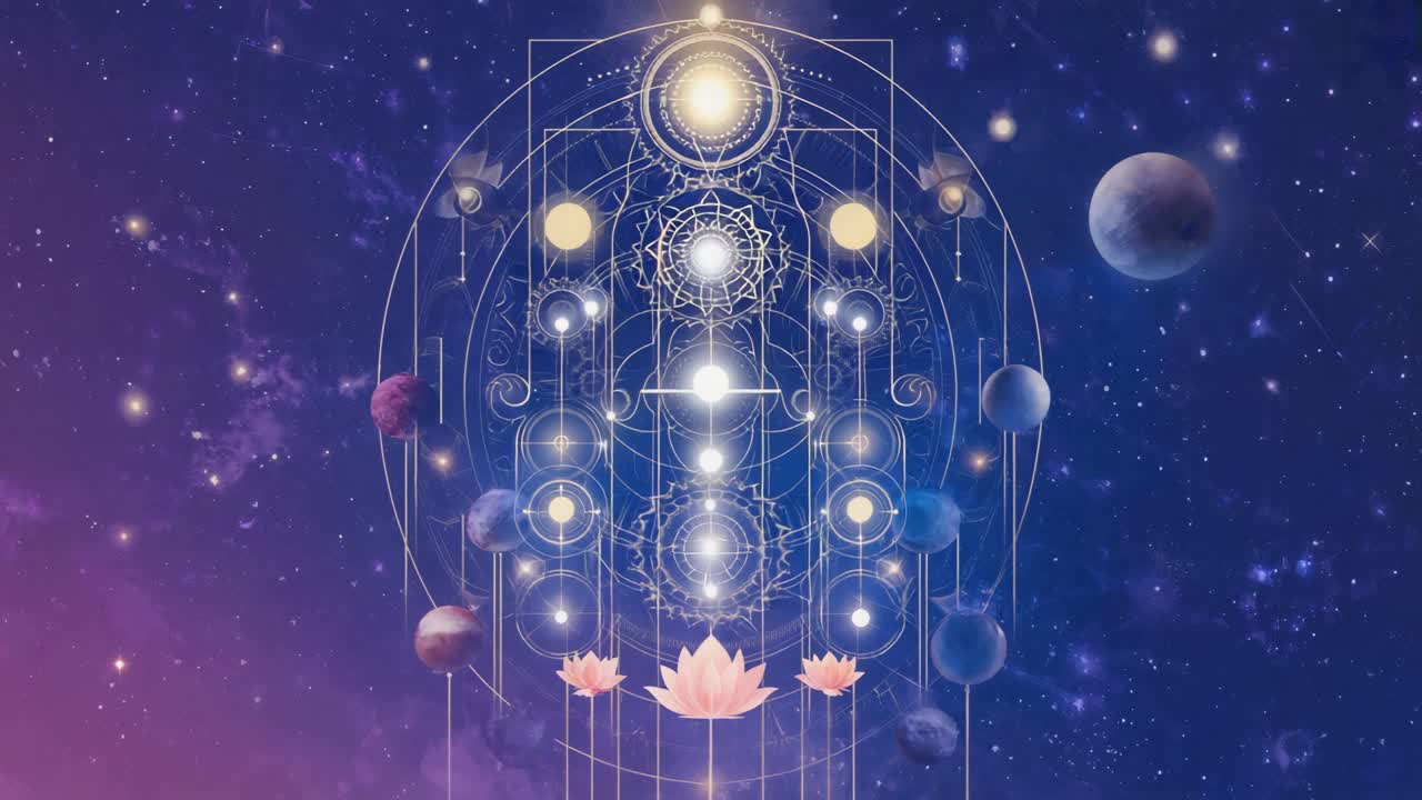 Allineamento celeste con fiore di loto e geometria sacra