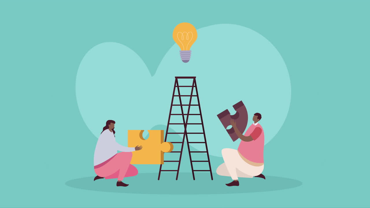 una pareja de negocios afro con animación de rompecabezas