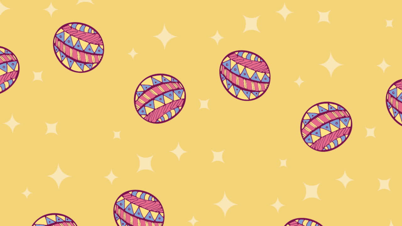 Animation of multiple decorated easter eggs and stars on yellow background