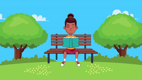 afro pequeña estudiante leyendo un libro sentada en una silla de parque personaje animado