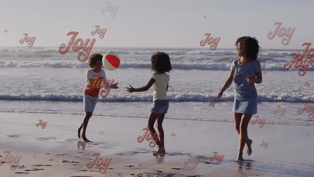 animación de saludos de navidad texto sobre madre afroamericana con niños en la playa