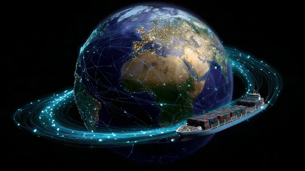 A Globally Connected Shipping Vessel Navigating the Earth's Orbital Path, Representing the Intersection of Transportation, Technology, and Global Trade Through Digital Networks and Maritime Logistics