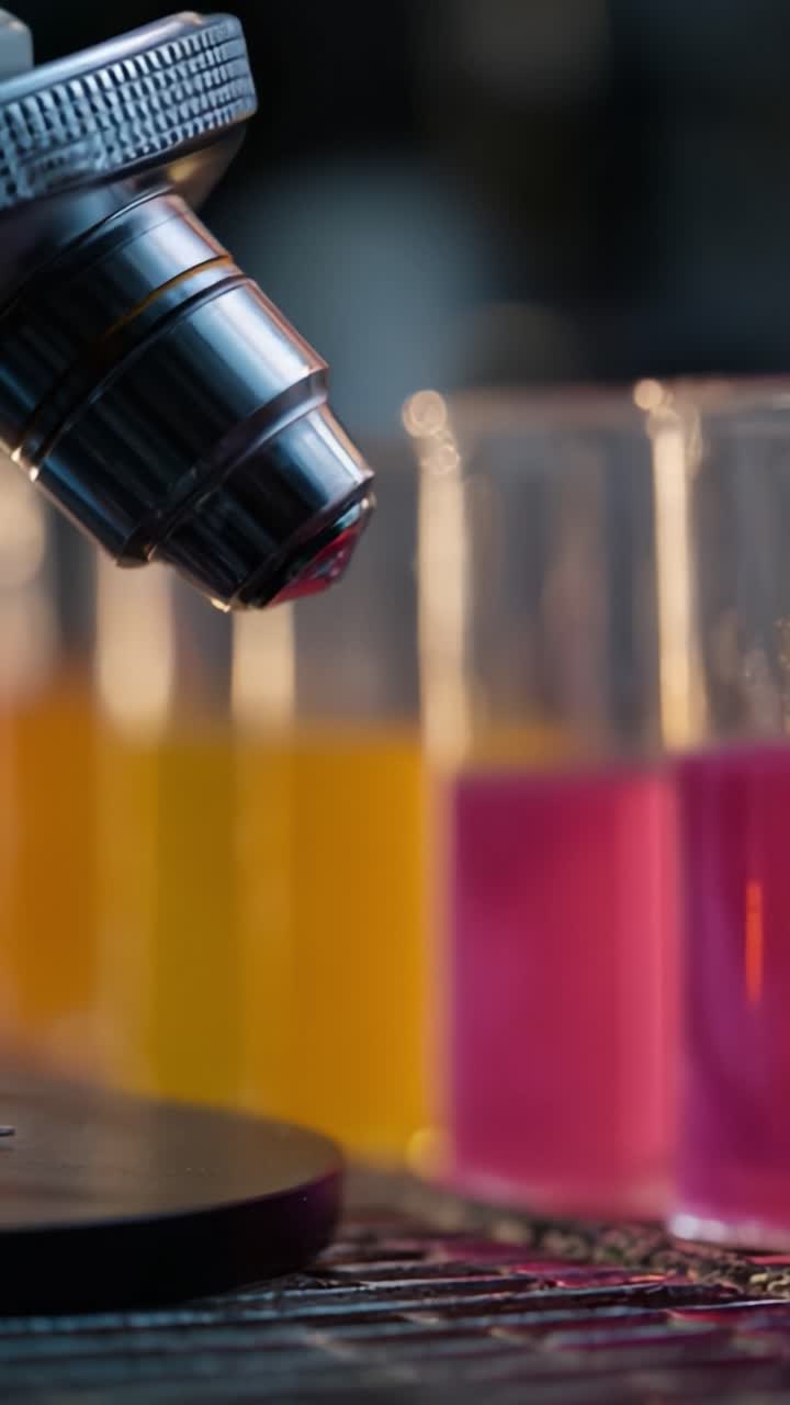 Esplorando reazioni chimiche colorate al microscopio: uno studio affascinante di miscele liquide in provette catturate attraverso immagini ravvicinate.