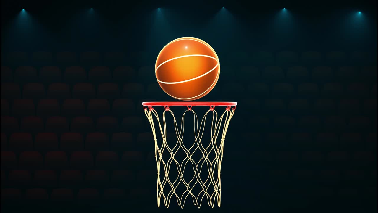 un baloncesto está girando en una canasta de baloncesto. animación de bucle.