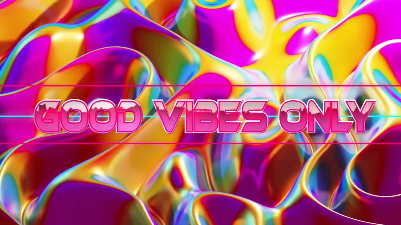 Glossy pink-outlined GOOD VIBES ONLY text floating over swirling iridescent waves, 3D render