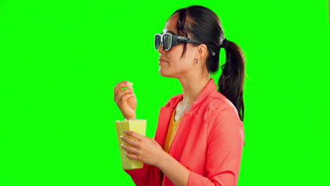 woman watching a movie with 3d glasses and popcorn