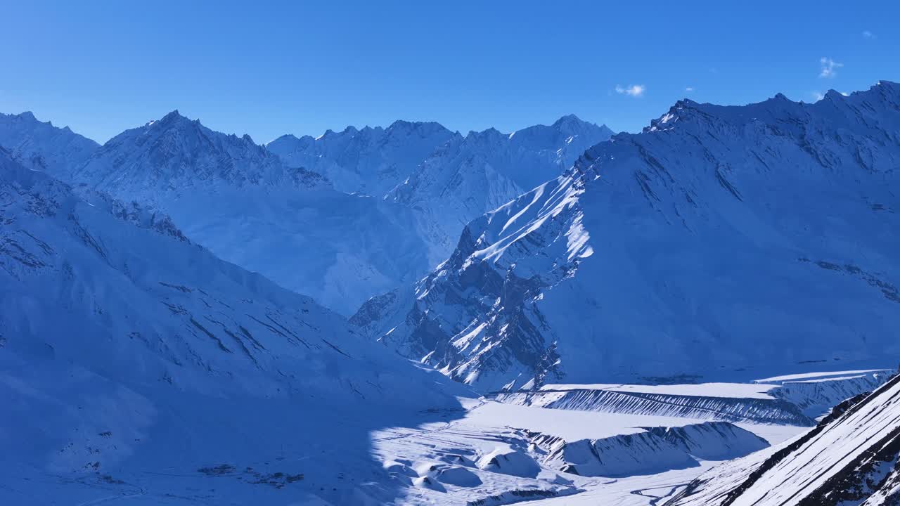 Snowy Mountain Valley Under a Clear Blue Sky
