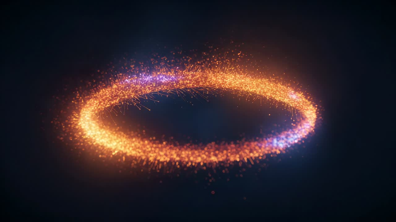 Starting from shimmering dust, ring of glowing orange-violet sparks rotating in void, forming halo