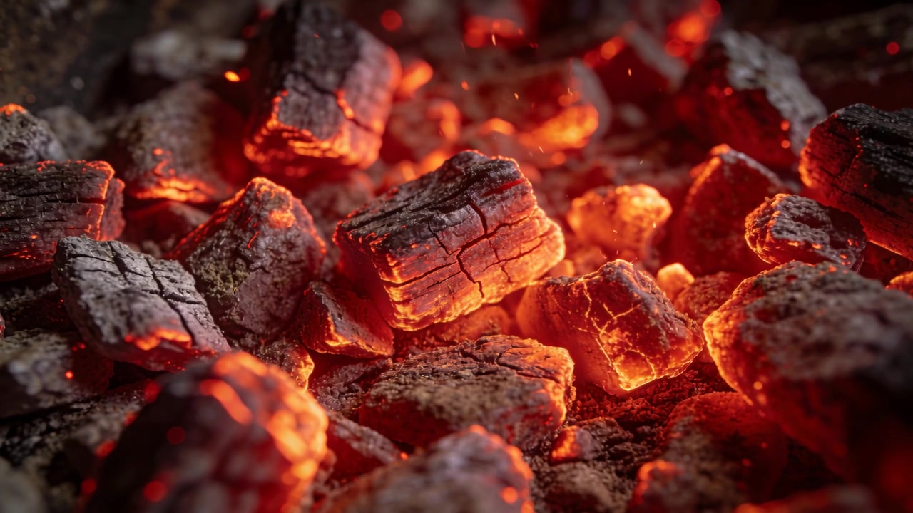 Smoldering charcoal embers releasing tiny sparks as fissures flare in close pit, ash coating