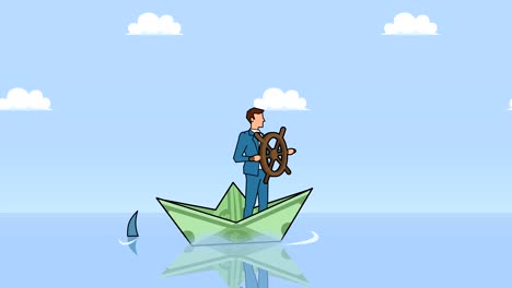 personaje de dibujos animados hombre de negocios plano con rueda de timón flotando en un barco de papel de dólar cerca de negocios de tiburón control de concepto de animación