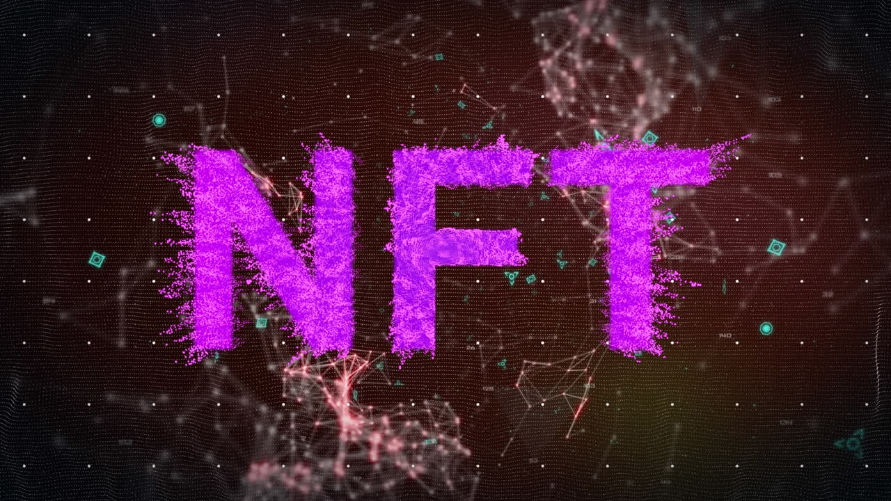 Animazione di testo NFT rosa e codice QR blu su reti ed elaborazione dati su sfondo nero