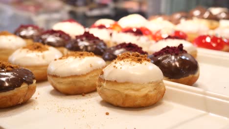 assortment of donuts in a bakery display