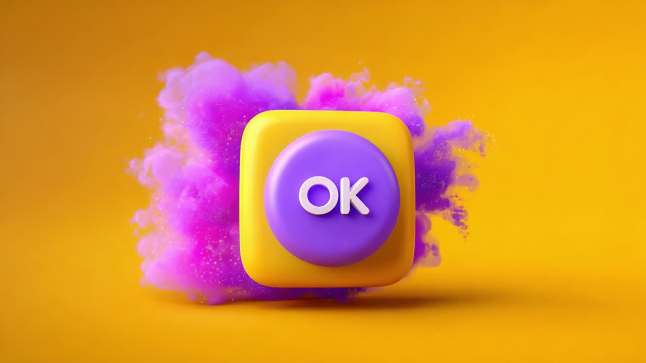 A Vibrant OK Button Surrounded by Colorful Smoke: A Captivating Visual of Modern Digital Engagement and Expression in Bold Purple and Yellow Colors