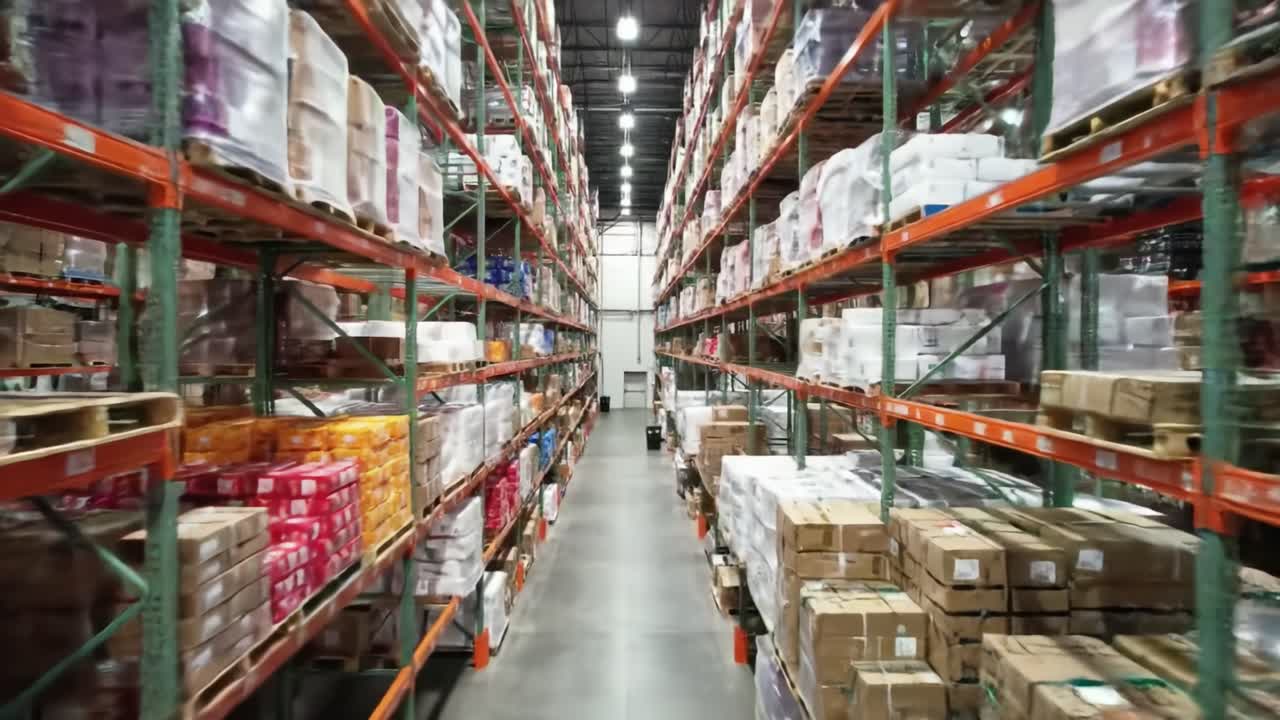 Rows of shelves filled with neatly stacked boxes are displayed inside a spacious warehouse. Bright lights illuminate the are, emphasizing the systematic arrangement of products ready for distribution.
