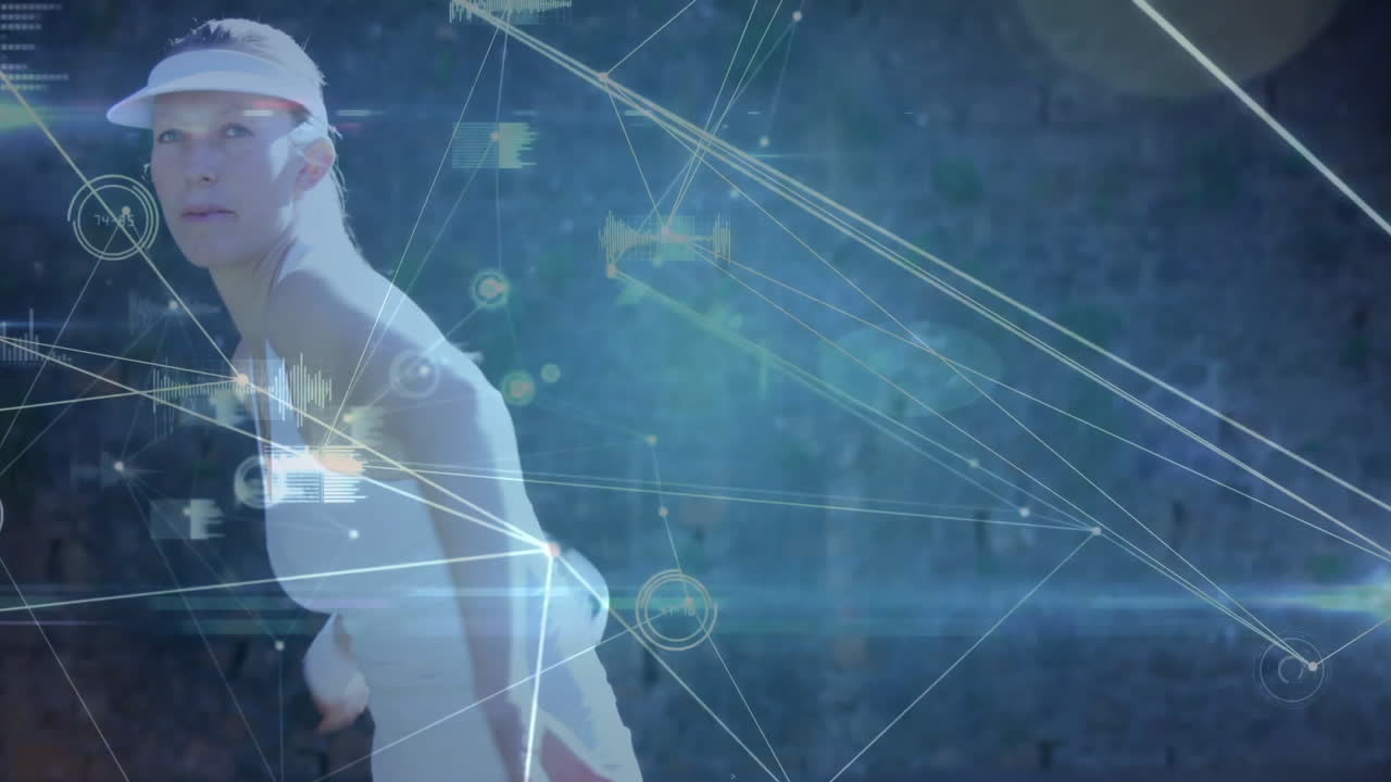 woman swinging tennis racquet in sports tech training, overlaying digital network lines and charts
