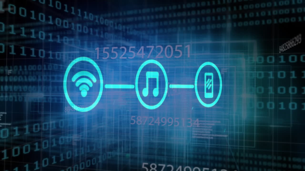 animación de iconos con conexiones a través de codificación binaria procesamiento de datos digitales en fondo oscuro