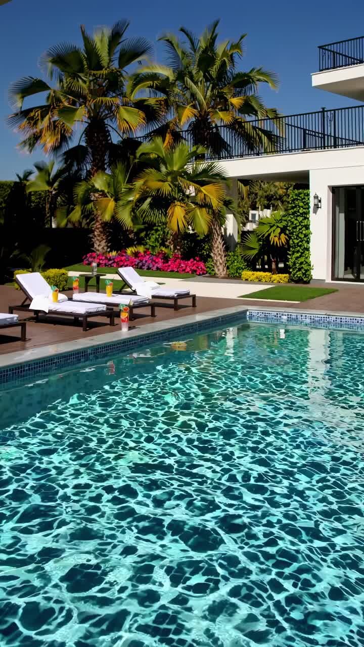 A luxurious poolside scene with sun loungers and palm trees, captured from a low angle