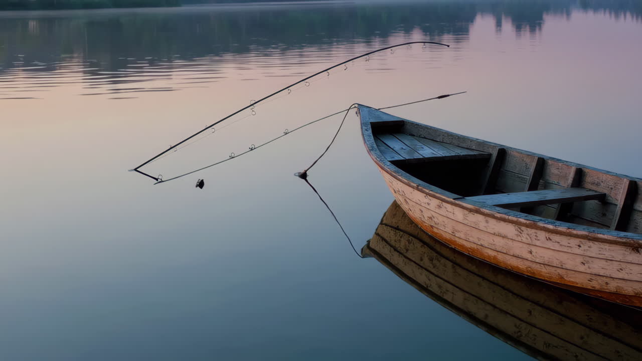 Fiskebåd ved solopgang/solnedgang på en rolig sø