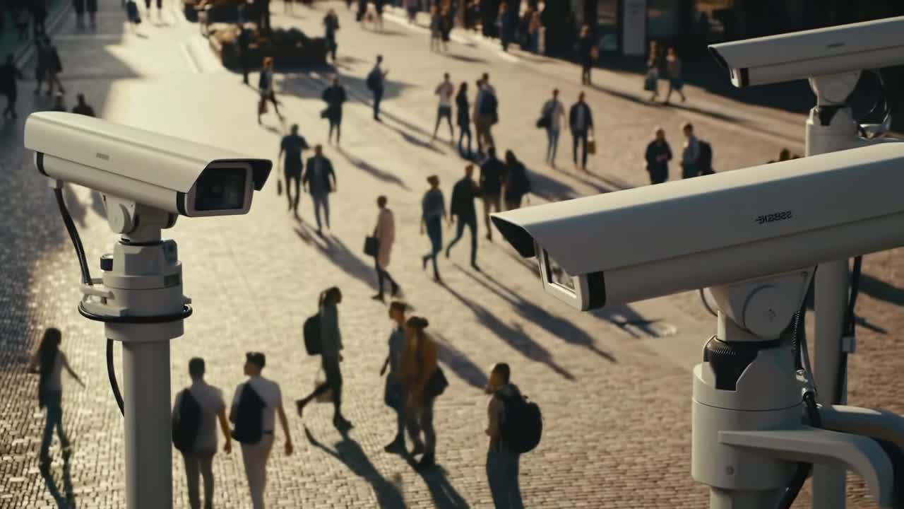 Surveillance Cameras Overlooking a Busy Urban Street Filled with Pedestrians and Long Shadows at Sunset, Capturing Daily Life and Security in a Vibrant Cityscape