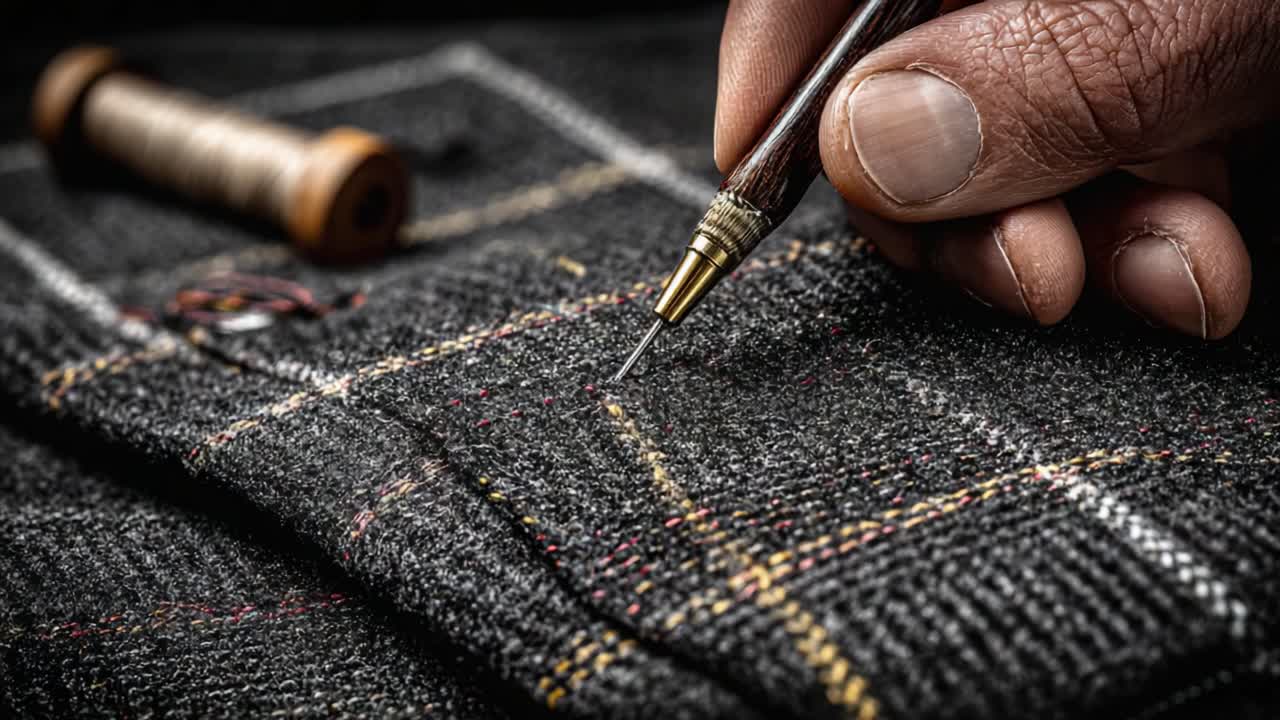 Detailed Craftsmanship: A Close-Up Look at the Precision Hand-Stitching of a Tweed Fabric Garment with Intricate Patterns and Fine Thread Work
