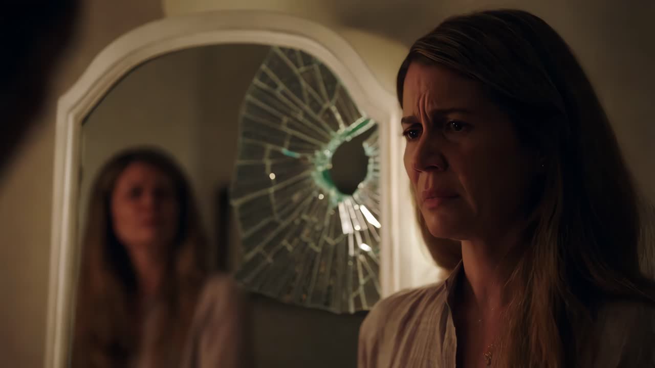 una mujer mirando un espejo roto.